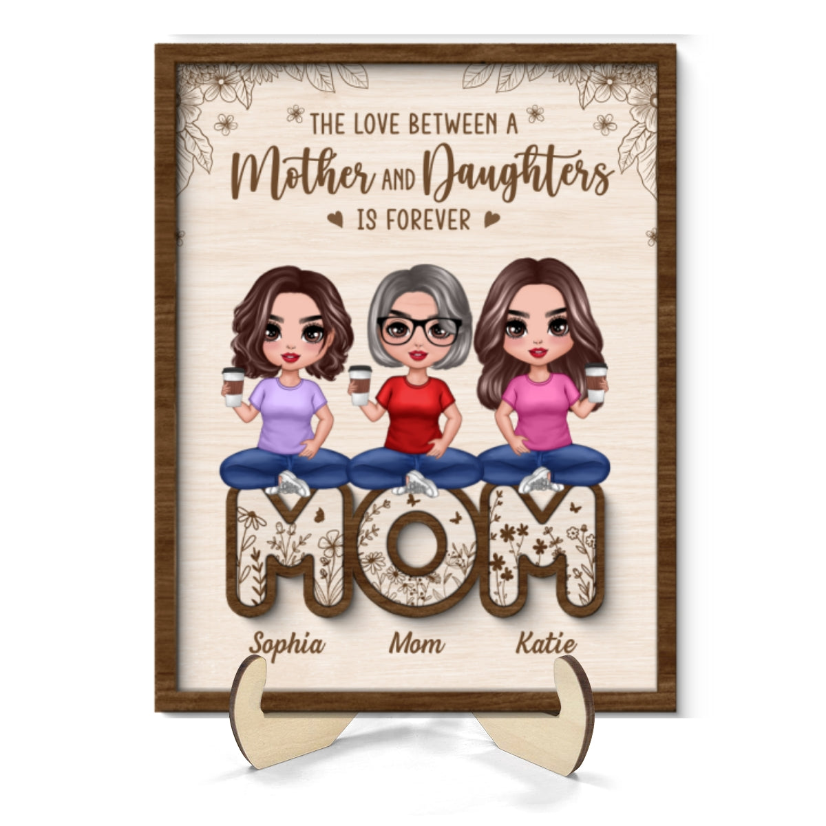 Mom And Daughters Sitting On Word Mother¡®s Day Gift Personalized 2-Layer Wooden Plaque