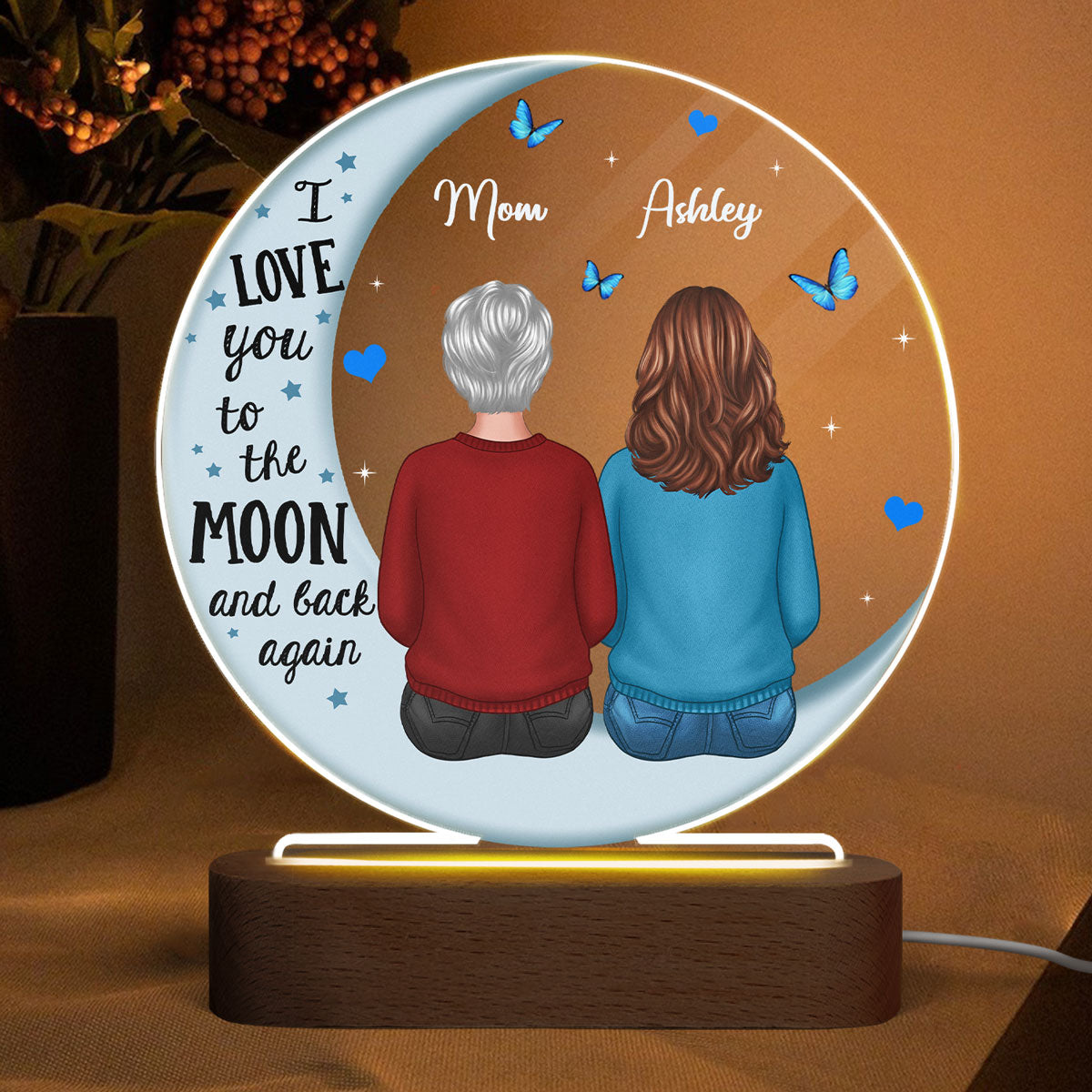 Mom And Children Blue Moon Personalized Circle Plaque LED Night Light