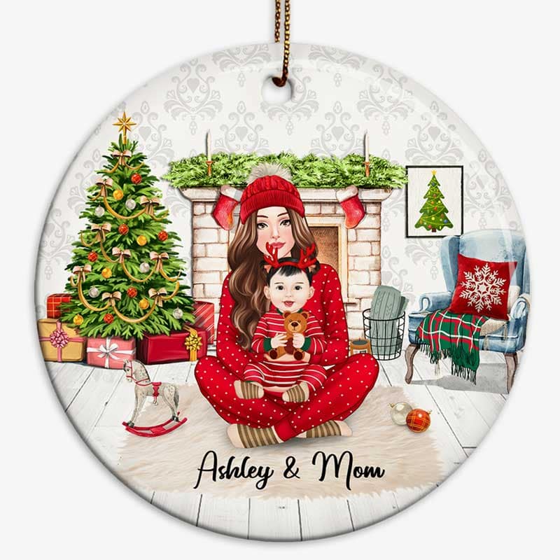 Mom And Baby Christmas Sitting In House Personalized Circle Ornament