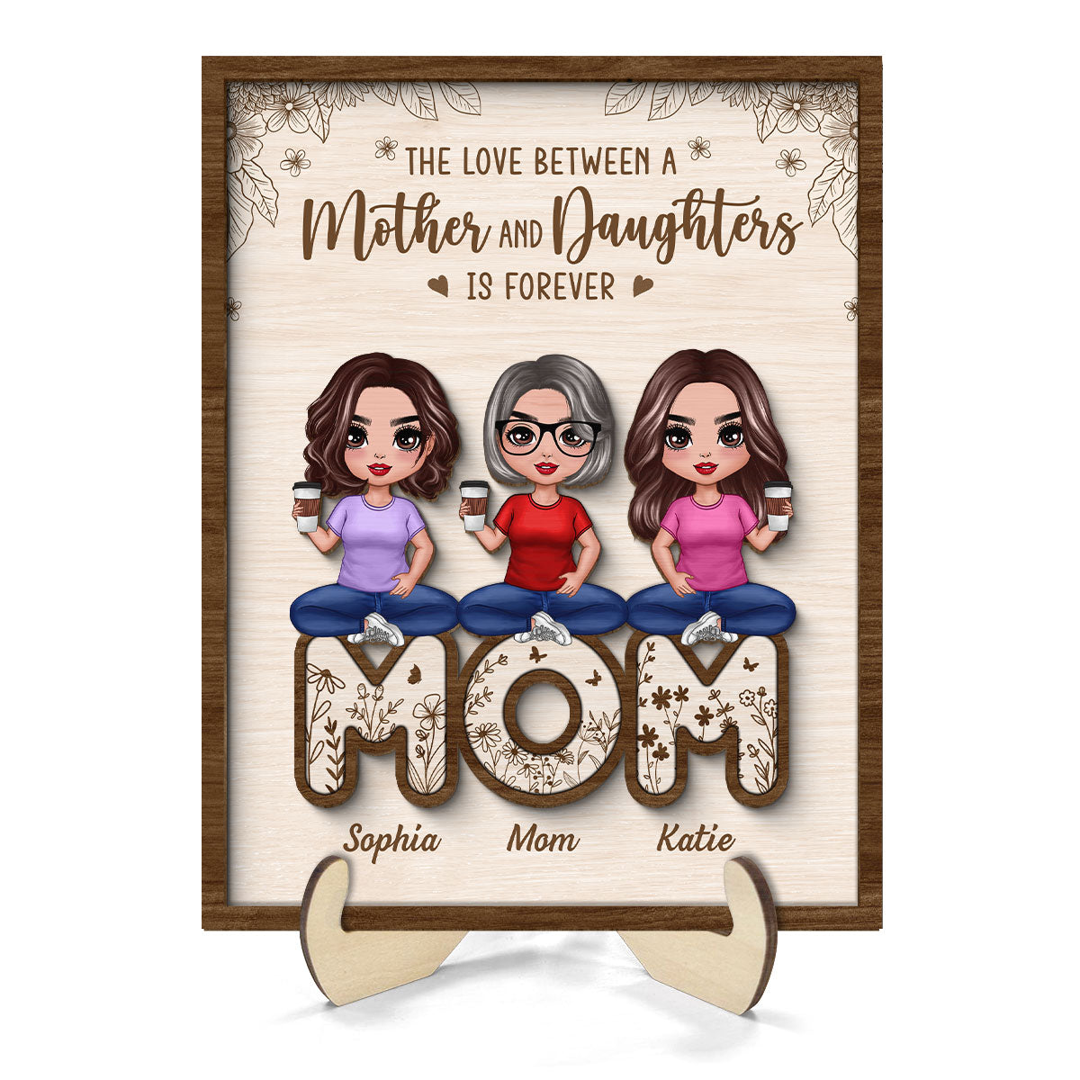 Mom And Daughters Sitting On Word Mother¡®s Day Gift Personalized 2-Layer Wooden Plaque