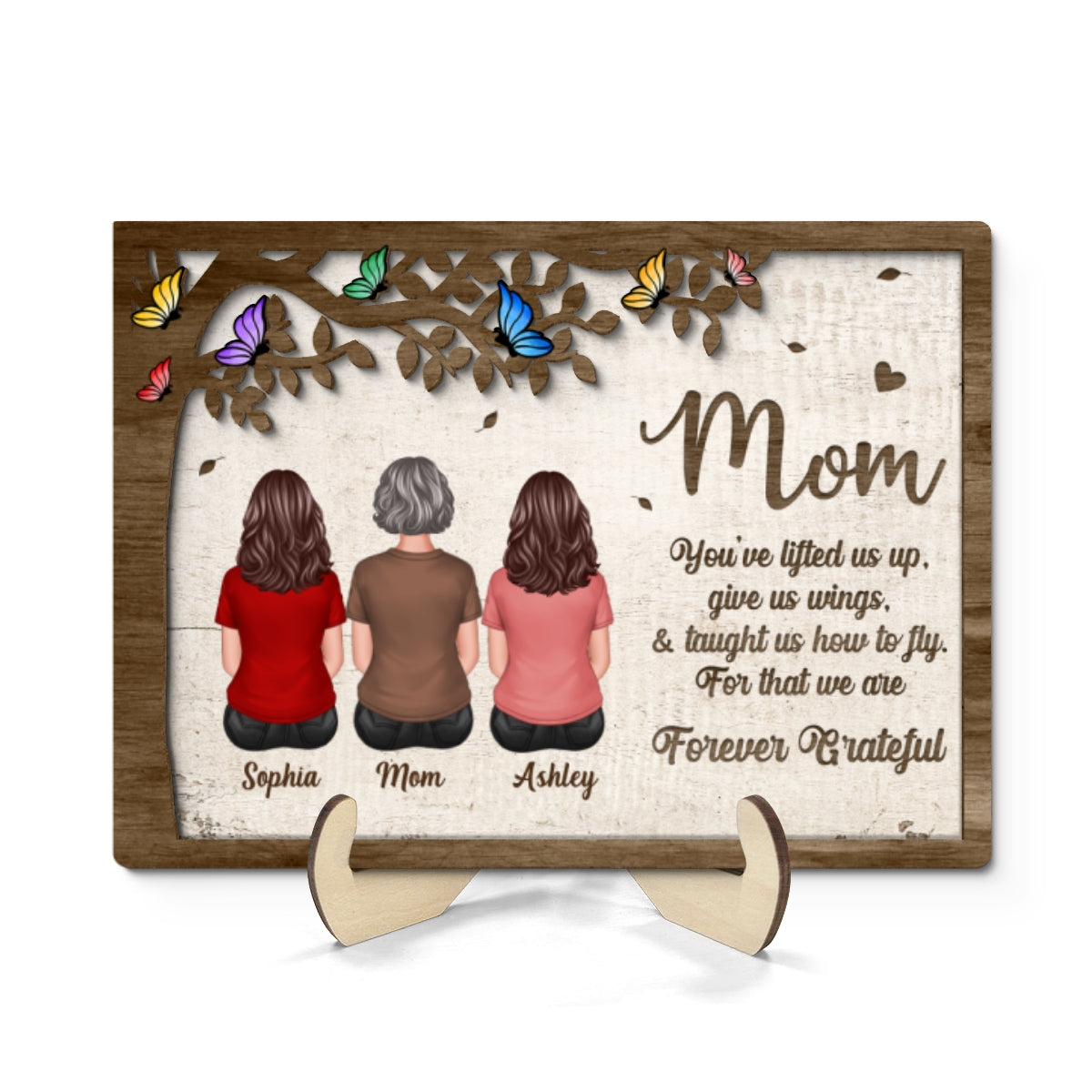 Mom And Daughters Sons Sitting Under Tree Butterflies Mother¡®s Day Gift Personalized 2-Layer Wooden Plaque