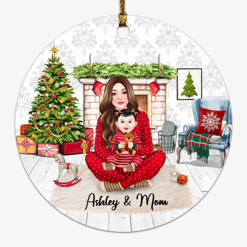 Mom And Baby Christmas Sitting In House Personalized Circle Ornament