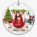 Mom And Baby Christmas Sitting In House Personalized Circle Ornament