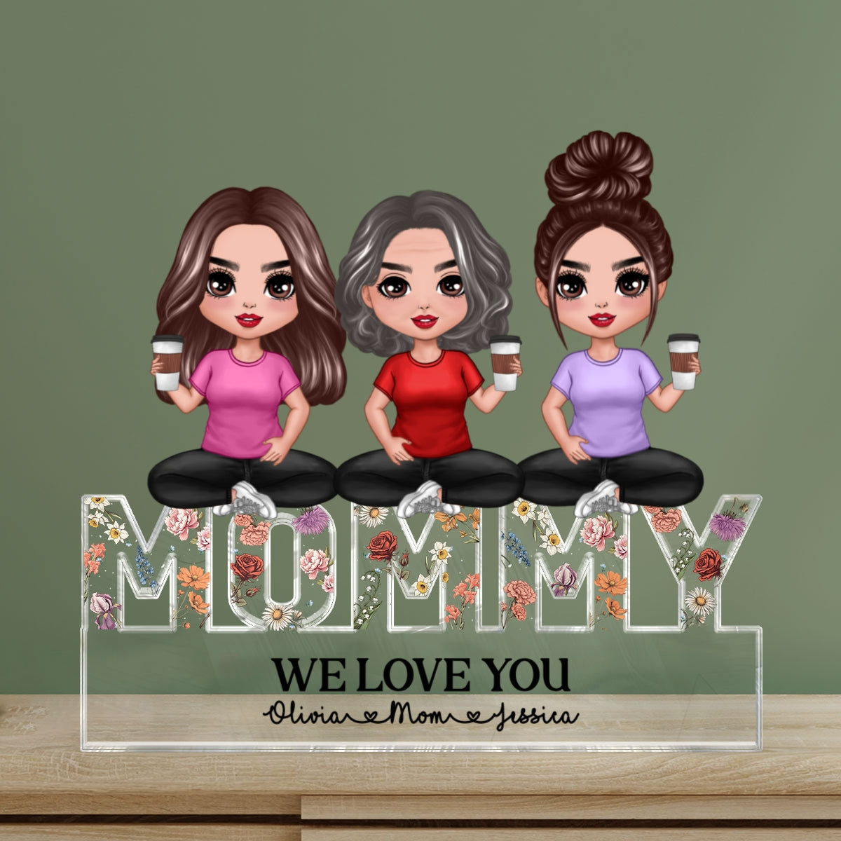 Mom And Daughters Sitting On Word Vintage Flowers Personalized Acrylic Block Plaque